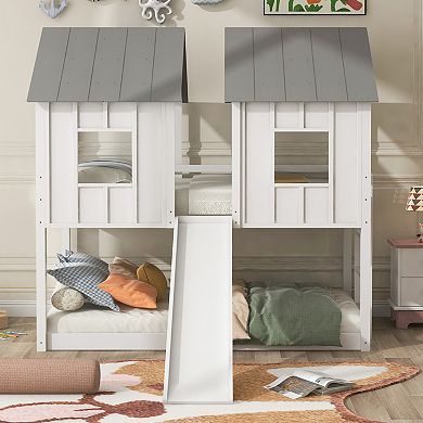 Merax Twin over Twin House Bunk Bed with Slide and Windows