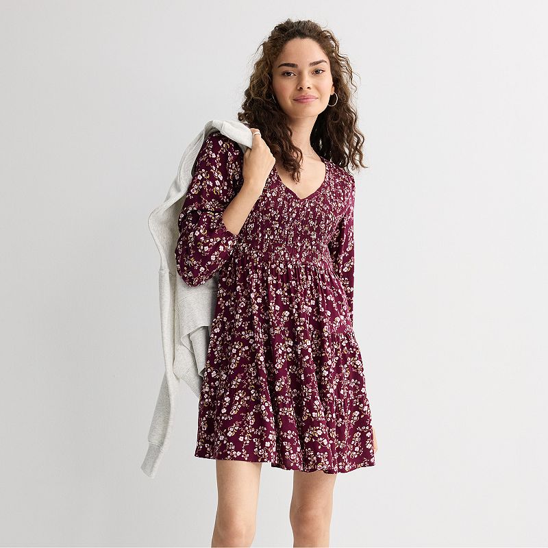 Juniors' SO® Long Sleeve Smocked Dress, Girl's, Size: Medium, Red Cream Floral
