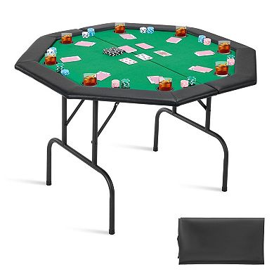 Compact Foldable Poker Table 48-Inch with 8 Cup Holders and Padded Rails - Green and Black