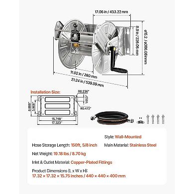 Wall-Mount Hose Reel for Garden, Patio, and Backyard with Tangle-Free Guide - Silver