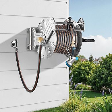 Wall-Mount Hose Reel for Garden, Patio, and Backyard with Tangle-Free Guide - Silver