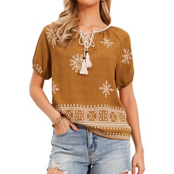 Boho Top for Women Casual V Neck Short Sleeve Blouse Shirts Tie Front Flowy Vacation Clothes
