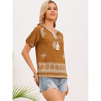 Boho Top for Women Casual V Neck Short Sleeve Blouse Shirts Tie Front Flowy Vacation Clothes
