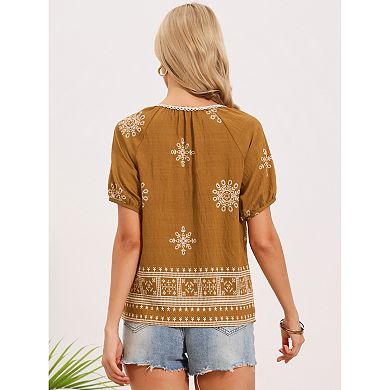 Boho Top for Women Casual V Neck Short Sleeve Blouse Shirts Tie Front Flowy Vacation Clothes