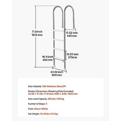 4-Step Swimming Pool Ladder Double Handrails Non-Slip Steps for Children and Adults - Silver, White
