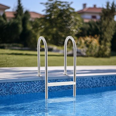 4-Step Swimming Pool Ladder Double Handrails Non-Slip Steps for Children and Adults - Silver, White