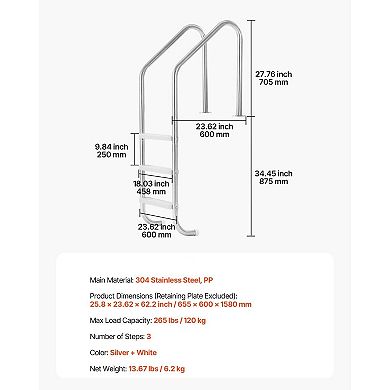 3-Step Pool Ladder with Double Handrails Stainless Steel for 4854" Pools - Silver and White
