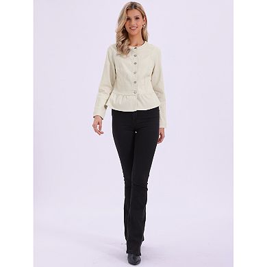 Denim Jacket for Women Peplum Hem Button Down Collarless Jean Jackets