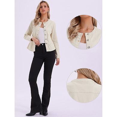 Denim Jacket for Women Peplum Hem Button Down Collarless Jean Jackets