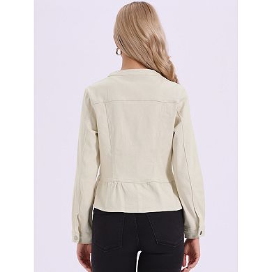 Denim Jacket for Women Peplum Hem Button Down Collarless Jean Jackets