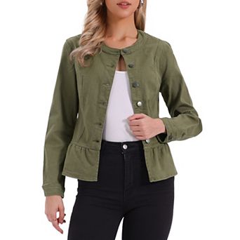 Denim Jacket for Women Peplum Hem Button Down Collarless Jean Jackets