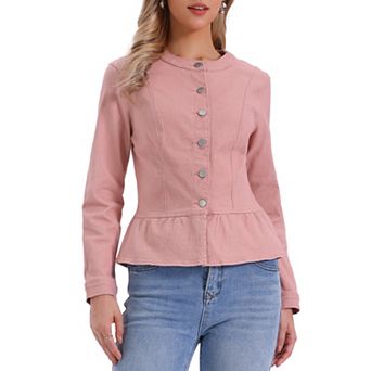 Denim Jacket for Women Peplum Hem Button Down Collarless Jean Jackets