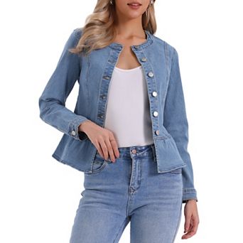 Denim Jacket for Women Peplum Hem Button Down Collarless Jean Jackets