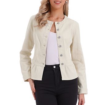 Denim Jacket for Women Peplum Hem Button Down Collarless Jean Jackets