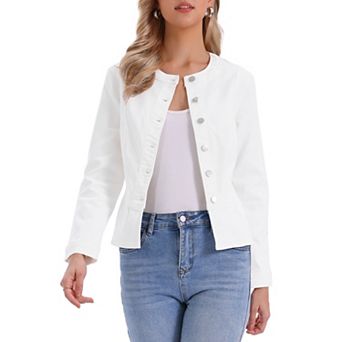 Denim Jacket for Women Peplum Hem Button Down Collarless Jean Jackets