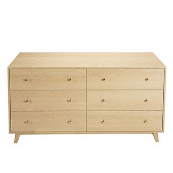 6-Drawer Dresser with Light Wood Finish and Metal Handles, Bedroom or Living Room Storage