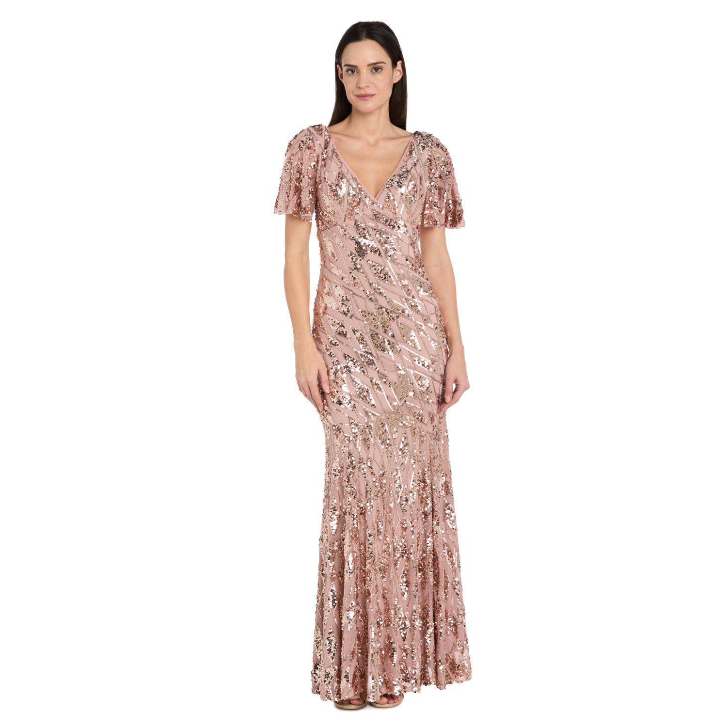 Женские платья R&M Richards Sequin Mesh Flutter Sleeve Evening Gown