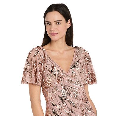 Women’s R&M Richards Sequin Mesh Flutter Sleeve Evening Gown