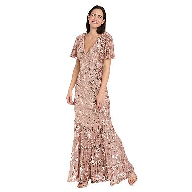 Women’s R&M Richards Sequin Mesh Flutter Sleeve Evening Gown