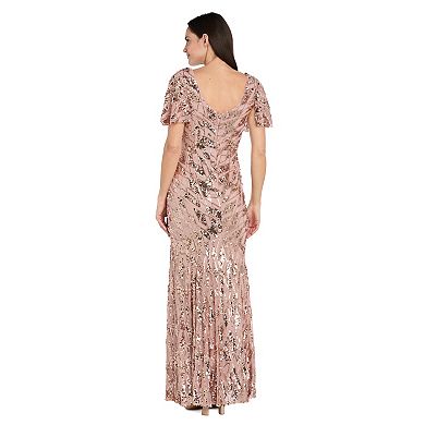 Women’s R&M Richards Sequin Mesh Flutter Sleeve Evening Gown