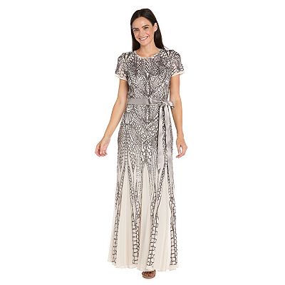 Women's R&M Richards Art Deco Sequin Power Mesh Godet Gown