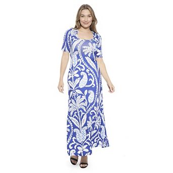 Women's 24Seven Comfort Apparel Paisley Scoop Neck Elbow Sleeve A-Line Maxi Dress