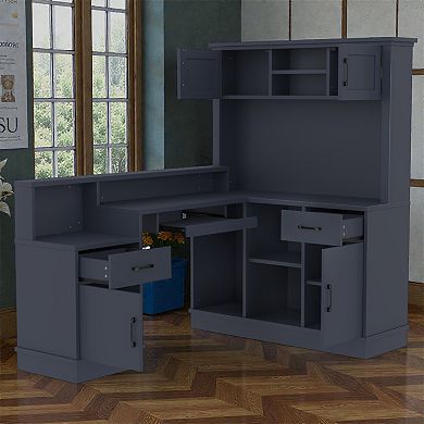 Lufeiya L Shaped Computer Desk with Power Outlet, Corner Desk with Drawers Cabinets and Shelves