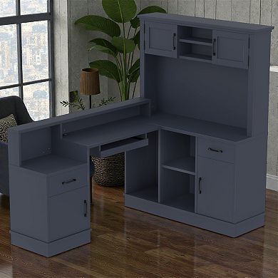 Lufeiya L Shaped Computer Desk with Power Outlet, Corner Desk with Drawers Cabinets and Shelves