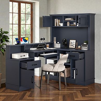 Lufeiya L Shaped Computer Desk with Power Outlet, Corner Desk with Drawers Cabinets and Shelves