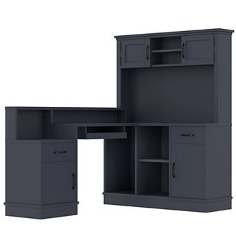 Lufeiya L Shaped Computer Desk with Power Outlet, Corner Desk with Drawers Cabinets and Shelves