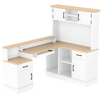 Lufeiya L Shaped Computer Desk with Power Outlet, Corner Desk with Drawers Cabinets and Shelves