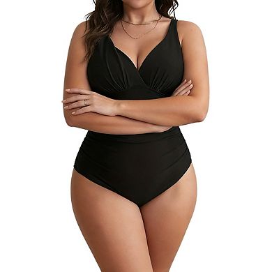 Plus Size Womens Sleeveless V Neck 1 Piece Swimsuit Adjustable Straps Ruched Waist Bathing Suit