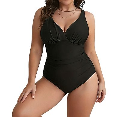 Plus Size Womens Sleeveless V Neck 1 Piece Swimsuit Adjustable Straps Ruched Waist Bathing Suit