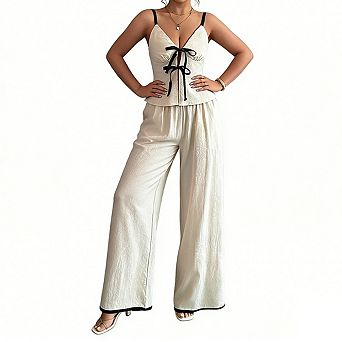 Womens Sleeveless Spaghetti Strap Top Wide Leg Pants Set Tie Front Casual Two Piece Outfit
