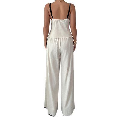 Womens Sleeveless Spaghetti Strap Top Wide Leg Pants Set Tie Front Casual Two Piece Outfit