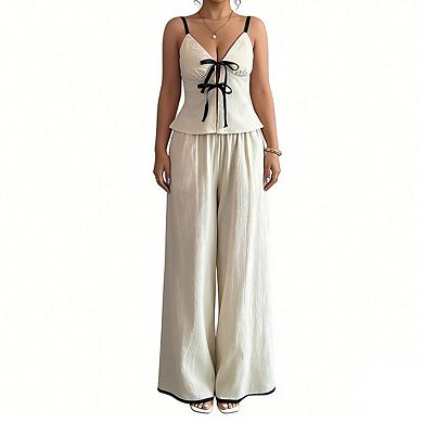 Womens Sleeveless Spaghetti Strap Top Wide Leg Pants Set Tie Front Casual Two Piece Outfit
