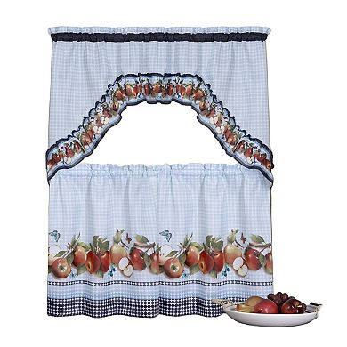 Kate Aurora Apple Medley 3 Piece Rod Pocket Cafe Cottage Kitchen Curtain And Valance Set