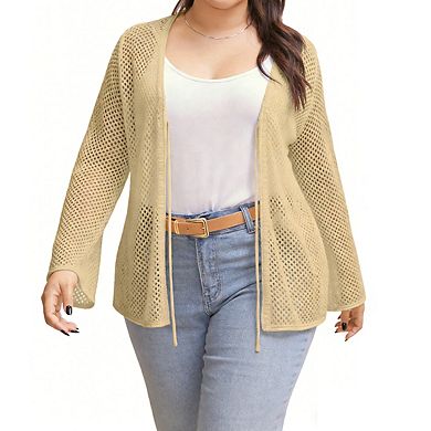 Womens Plus Size Open Front Cardigan V Neck Bell Sleeve Open Knit Lightweight Casual Top