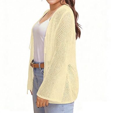 Womens Plus Size Open Front Cardigan V Neck Bell Sleeve Open Knit Lightweight Casual Top