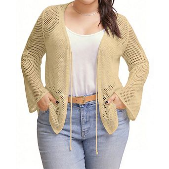 Womens Plus Size Open Front Cardigan V Neck Bell Sleeve Open Knit Lightweight Casual Top