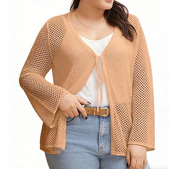 Womens Plus Size Open Front Cardigan V Neck Bell Sleeve Open Knit Lightweight Casual Top