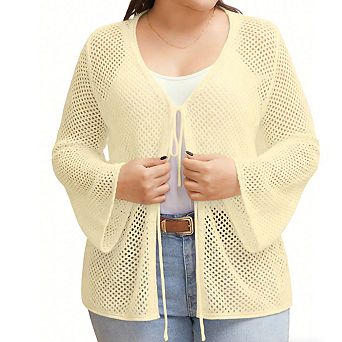 Womens Plus Size Open Front Cardigan V Neck Bell Sleeve Open Knit Lightweight Casual Top