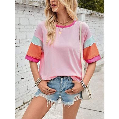 Women's Casual Color Block Patchwork T-Shirt Loose Crew Neck Tunic Tops Short Sleeve