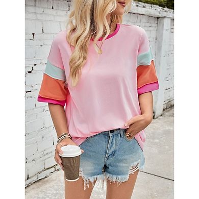 Women's Casual Color Block Patchwork T-Shirt Loose Crew Neck Tunic Tops Short Sleeve