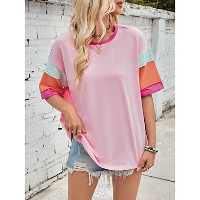 Women's Casual Color Block Patchwork T-Shirt Loose Crew Neck Tunic Tops Short Sleeve
