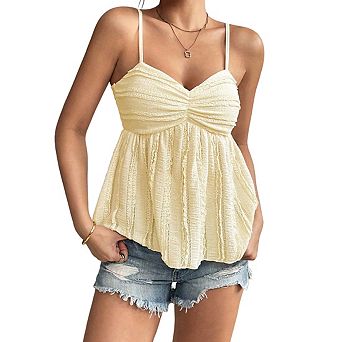 Womens Sleeveless V Neck Ruched Bust Adjustable Straps Flowy Cami Top