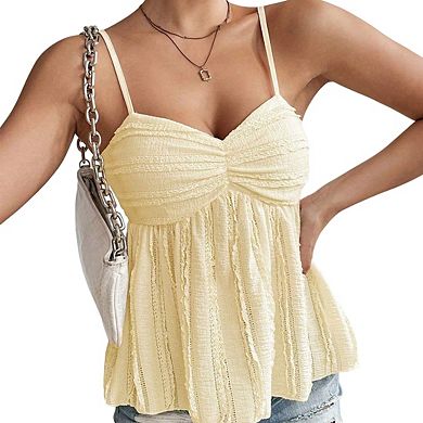 Womens Sleeveless V Neck Ruched Bust Adjustable Straps Flowy Cami Top