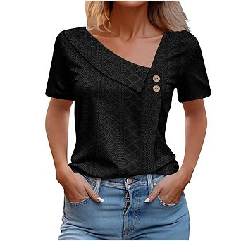 Women's Casual Hollow Out Blouse button down Short Sleeve Asymmetrical V-Neck Top Loose T-Shirt