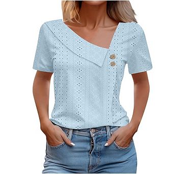 Women's Casual Hollow Out Blouse button down Short Sleeve Asymmetrical V-Neck Top Loose T-Shirt