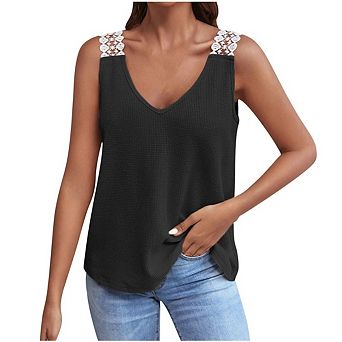 Women's Casual Solid Color Waffle Knit Vest V-Neck Lace Trim Loose Fit T-Shirt Top